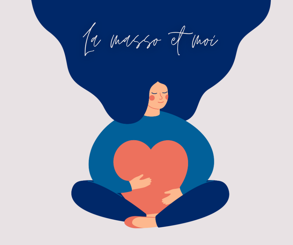 Illustration représentant une femme assise en position de méditation et qui serre un coeur dans ses bras