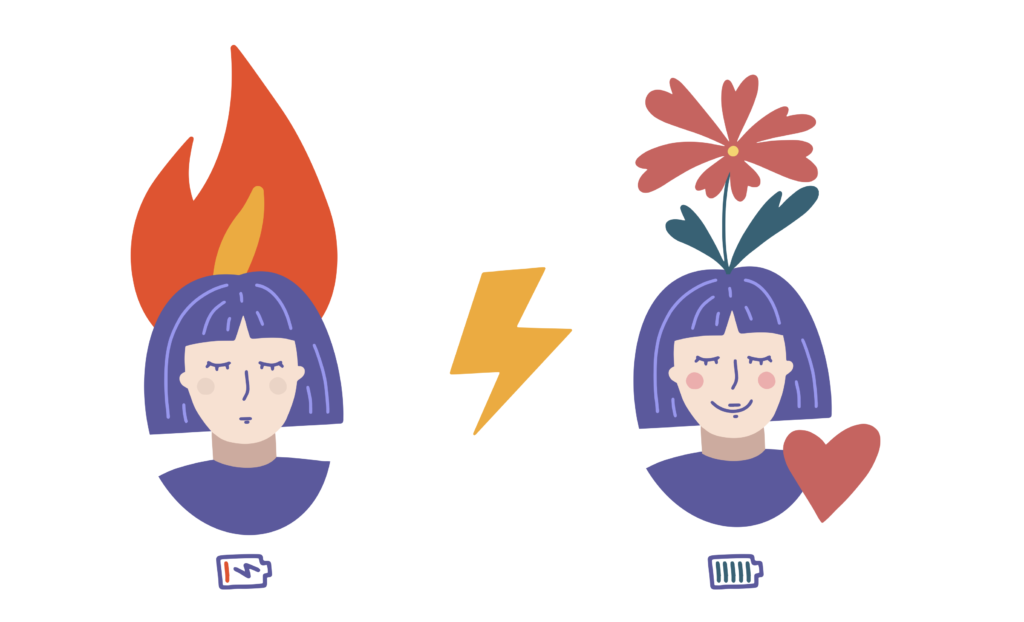 Illustration très jolie qui montre une femme à l'esprit surchargé et la batterie épuisée. À côté, la même femme qui, après une séance de massothérapie, a retrouver sourire et bien-être physique, émotionnel et mental. De sa tête émerge une fleur